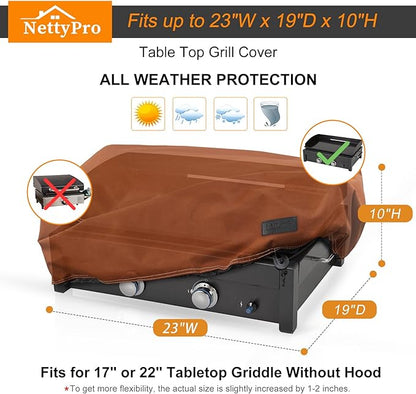 NettyPro Griddle Cover for 22 Inch 17 Inch Tabletop Griddle, Waterproof Heavy Duty Portable Table Top 2-Burner Propane Grill Cover for Cuisinart, Monument, Pit Boss, Royal Gourmet, Brown