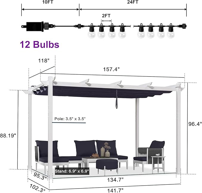 PURPLE LEAF Outdoor White Pergola 10' x 13' w/Bulb Lights, aluminum frame stays - Image 8