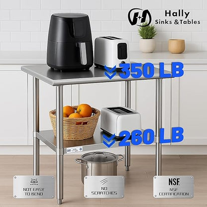 Hally Stainless Steel Table for Prep & Work 18 x 24 Inches, NSF Commercial Heavy Duty Table with Undershelf and Galvanized Legs for Restaurant, Home and Hotel