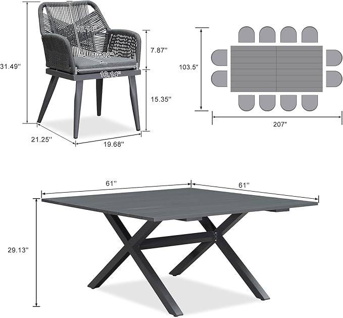 PURPLE LEAF 14 Pieces Outdoor Patio Dining Set All-Weather PE Rattan Furniture Set with All Aluminum Frame Sqaure Table and Chairs Set for 12 People Lawn Garden Backyard Deck, Grey