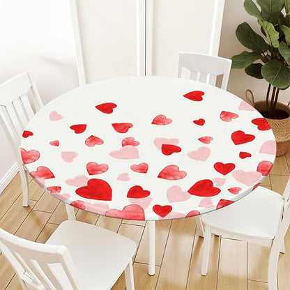 Valentines Day Round Fitted Tablecloth with Elastic Pink Red Love Heart Circle Table Cloth for 48-52" Round Tables Wipeable Waterproof Washable Valentine Table Cover for Picnic Dining Party Decor