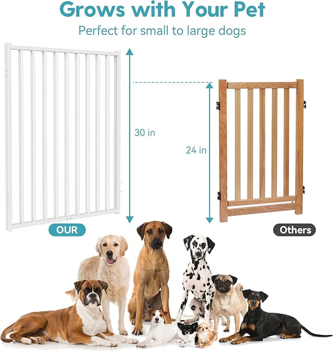 No Pawblems Free Standing Dog Gate with Door, 30'' Tall Foldable Dog Fence for Indoor & Outdoor, Up to 52 Inch Extra Wide Puppy Gate for Stairs, Hallways, Doorways, Deck, Yard (White, 2 Panels)