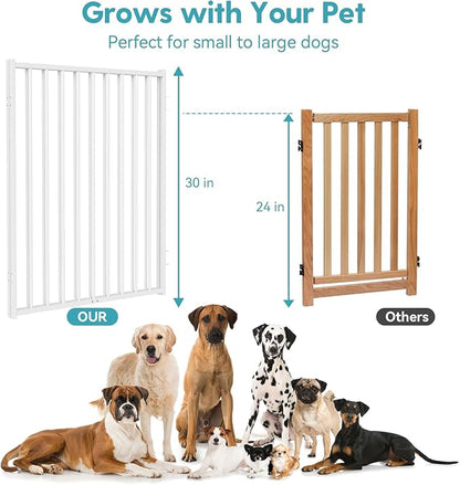 No Pawblems Free Standing Dog Gate with Door, 30'' Tall Foldable Dog Fence for Indoor & Outdoor, Up to 208 Inch Extra Wide Puppy Gate for Stairs, Hallways, Doorways, Deck, Yard (White, 8 Panels)
