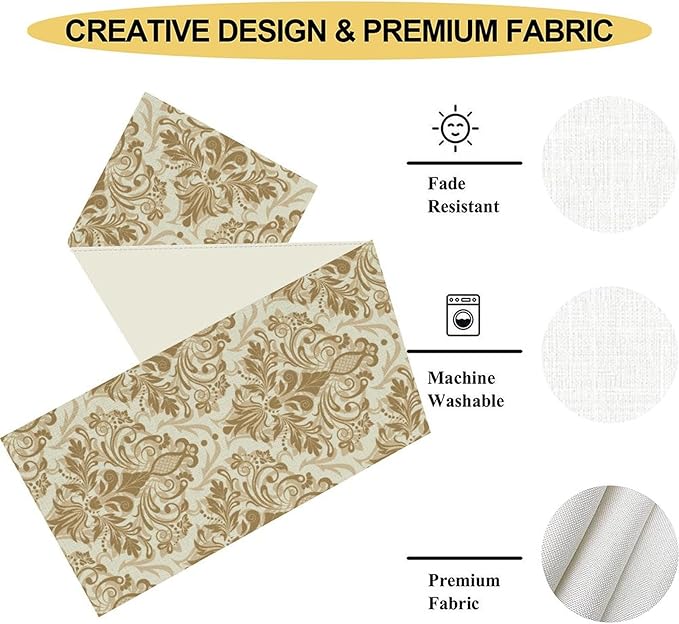 Damask Table Runner, Rustic Gothic Gold Baroque Style Floral Bohemian Boho Flower Antique Vintage Coffee Table Center Decor for Kitchen and Dining Outdoor Country Party Table Decorations, 13"x36"