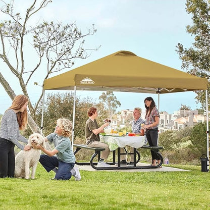 EAGLE PEAK Pop Up Canopy Tent with Wheeled Carry Bag, 8 Stakes, 4 Ropes, 4 Weight Bags, Easy Set Up Tent Canopy, 10x10 ft, 100sqft of Shade, Beige