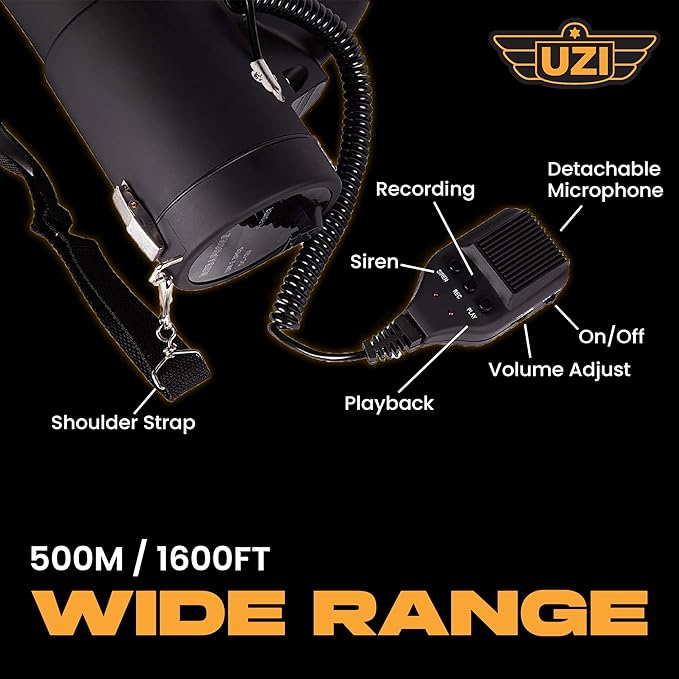 Uzi High Power Loud Big Bluetooth Megaphone 50W, Professional Bullhorn Megaphone Used by First Responders, Police & Agencies, Rechargeable Battery, PA System, Outdoor Activitie