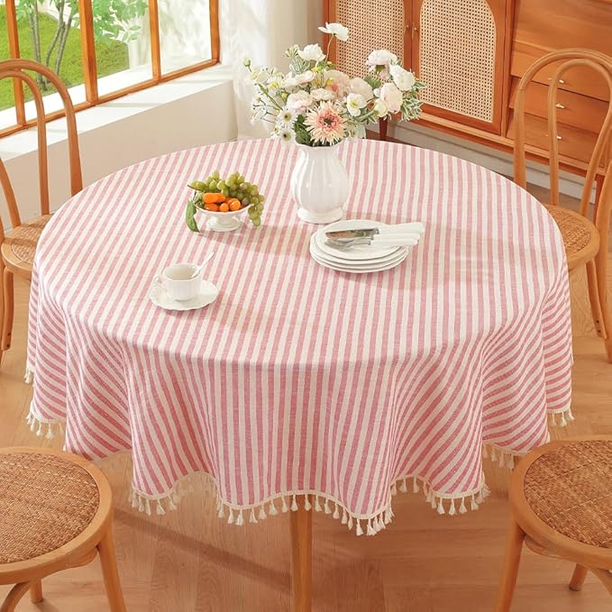 TruDelve Round Tablecloth 60 Inch Red and White Striped Cloth Tablecloths Circle Outdoor Picnic Table Cloth Round Cover (Red,60",Round)