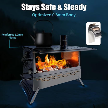 Hot Tent Stove, One-piece Molded Wood Burning Stove with Extra Baking Tray, Outdoor Stainless Steel Stove with 6 Chimney Pipes for Outdoor Heating, Cooking, Fishing(Non-Foldable, More Stable)