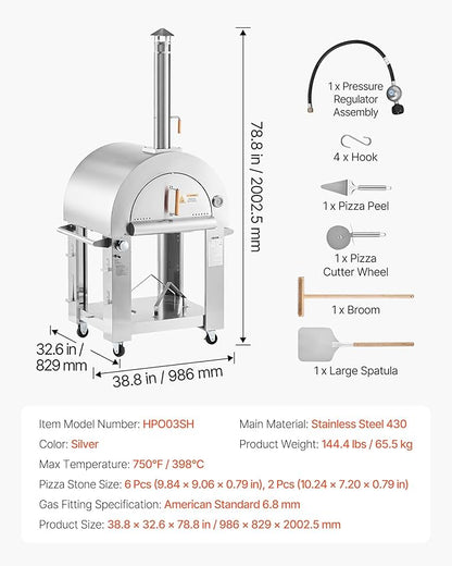 VEVOR Dual Fuel Pizza Oven Outdoor, 26 in Portable Pizza Oven, Pellet & Gas Powered Outdoor Pizza-Maker with Thickened Cordierite Pizza-Stone, Easy to Move with Casters, for Camping and Backyard