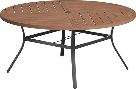 VICLLAX Round Patio Table with Adjustable Umbrella Hole for 8, All Weather Metal Outdoor Dining Table for Lawn Garden, 59.8" Outdoor Coffee Table, Walnut Wood-Like Tabletop