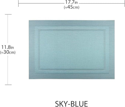 PIGCHCY Heat Insulation Non Slip Plastic Placemats,Washable Easy to Clean Woven Vinyl Kitchen Stain Resistant Placemats for Dining Table Set of 6 (Sky Blue)