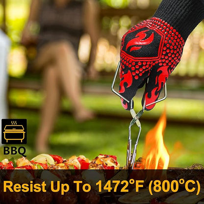 QUWIN BBQ Gloves, Oven Gloves 1472℉ Extreme Heat Resistant, Grilling Gloves Silicone Non-Slip Oven Mitts, Kitchen Gloves for BBQ, Grilling, Cooking, Baking-1 Pair… (One Size(Long Cuff), Red)