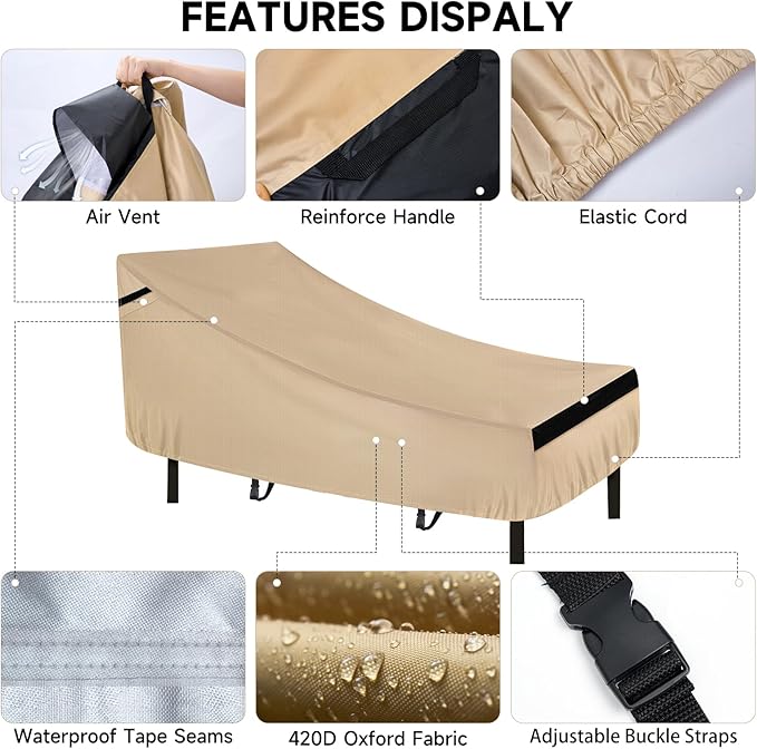 NEVERLAND Waterproof Patio Lounge Chair Cover, Outdoor Chaise Lounge Covers with Heavy Duty Material, 420D Waterproof Outdoor Chairs Cover 80L x 32W x 25H inch Golden