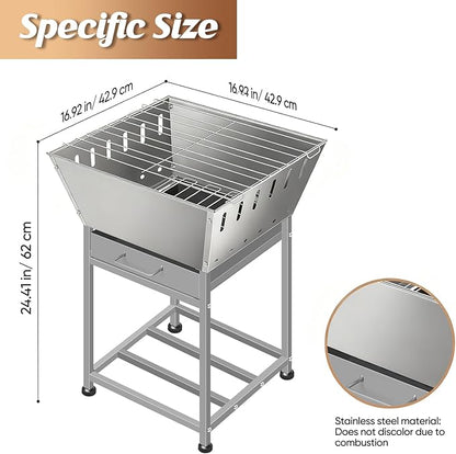 Stainless Steel Inch Square Wood Fire Pit with Grill, 2-in-1 Outdoor Firepit with Ash Pan and Wood Storage, Portable for Backyard, Patio, Camping Use