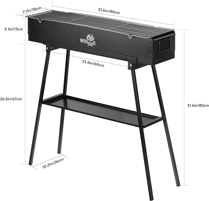 WILLBBQ Charcoal Grills Commercial Quality Portable Hibachi BBQ Barbecue Grill for Backyard Outdoor Cooking Use，Perfect Christmas Gifts for Dad (31.6x7.1x5.1 inch With Accessories), BLACK