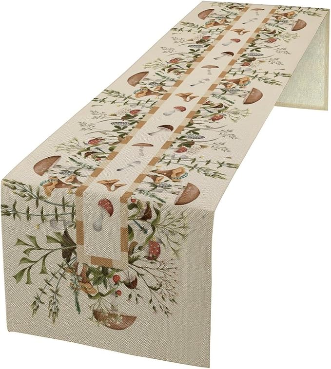 Wild Mushroom Table Runner, Retro Floral Plants Botanical Print Table Cover for Kitchen Dining Table Wedding Home Party Decor, 13x36inch