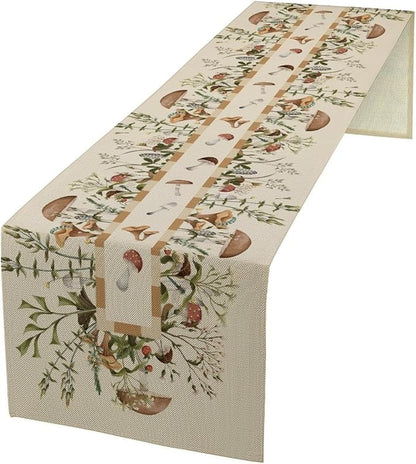 Wild Mushroom Table Runner, Retro Floral Plants Botanical Print Table Cover for Kitchen Dining Table Wedding Home Party Decor, 13x36inch