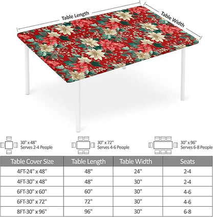 Rectangle Table Cloth Cover Waterproof Elastic Fitted Polyester Fitted Tablecloths for 6 Foot Tables for Indoor,Picnic, Camping, Outdoor （72" x 30"，Christmas Flowers）