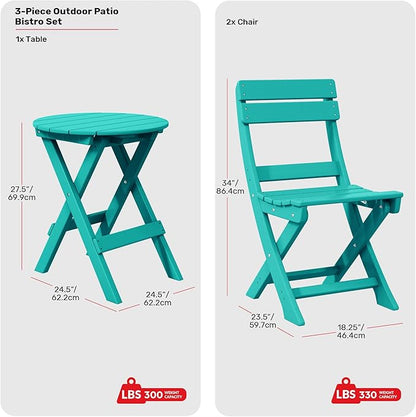Costaelm Paradise 3-Piece Outdoor HDPE Folding Patio Bistro Table and Chairs, Turquoise