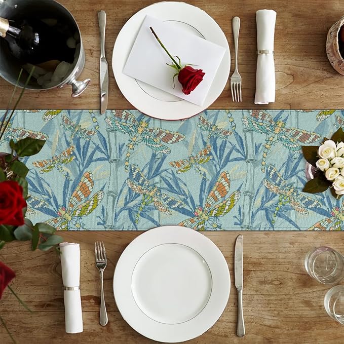 Watercolour Dragonflies Table Runner Kitchen Dining Table Runner 13*108in Table Center Decor for Indoor Outdoor Home Holiday Party