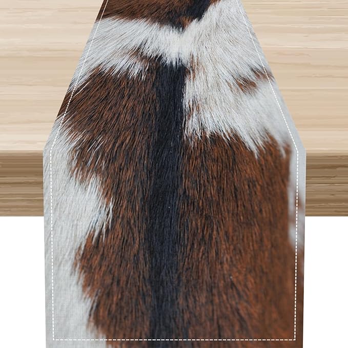 Cow Print Table Runner, Brown Cowhide Print Western Style Table Runner Country Farmhouse Cottage Cow Pattern Linen Table Decoration for Home Kitchen Dining 13x72