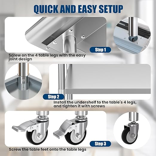 Stainless Steel Table with Wheels 18 x 36 Inches Metal Prep Table with Backsplash & Caster, Adjustable Undershelf for Commercial Kitchen, Outdoor, Restaurant, Hotel & Garage