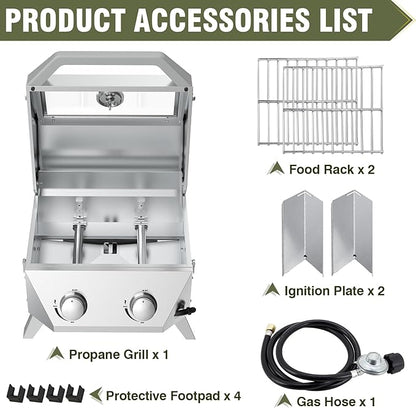 BESTFIRE Tabletop Gas Grill with 2 Burners & Viewing Glass Lid, 20,000 BTU Stainless Steel Portable BBQ Grill with Thermometer, Push-Button Ignition for Outdoor Patio, Camping, RV, Tailgating