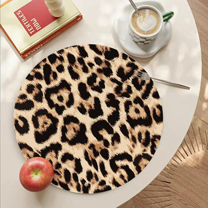 Faux Leather Placemats Set of 4,Golden Brown Bionic Leopard Print Ding Table Round Placemat Heat-Resistant Waterproof Non-Slip Place Mats Kitchen Living Room Decoration,13inch