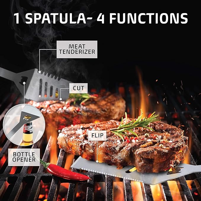 Kaluns Grilling Accessories, Dad Gifts for Christams Grilling Gifts, Heavy Duty Stainless Steel BBQ Grill Tools Set for Outdoor Grill with Aluminum Case and Apron, Dad Birthday Gifts for Men Husband
