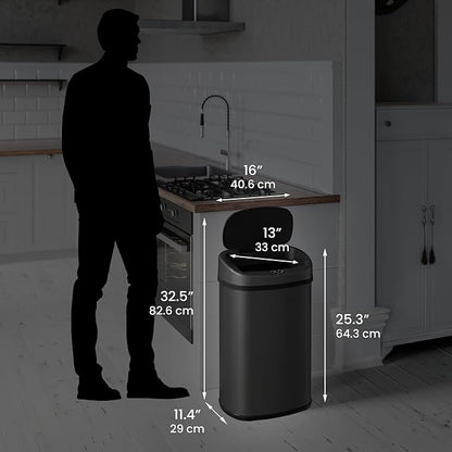 iTouchless 13 Gallon Automatic Sensor Trash Can with Lid, AbsorbX Odor Control System, Matte Black Stainless Steel Kitchen Garbage Bin, Fingerprint-Proof, Hands-Free Operation, Oval