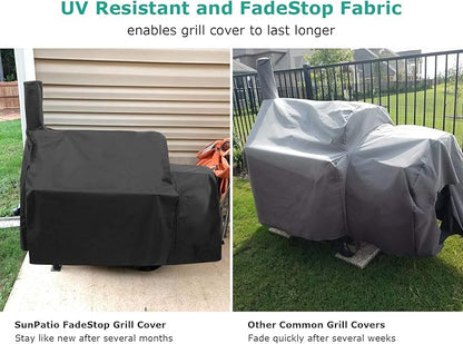 SunPatio Offset Smoker Cover, Outdoor Heavy Duty Waterproof Grill Cover Compatible for CharBroil Oklahma Joe's Highland and Horizon Grills, Charcoal BBQ Smoker Protector, All Weather Protection