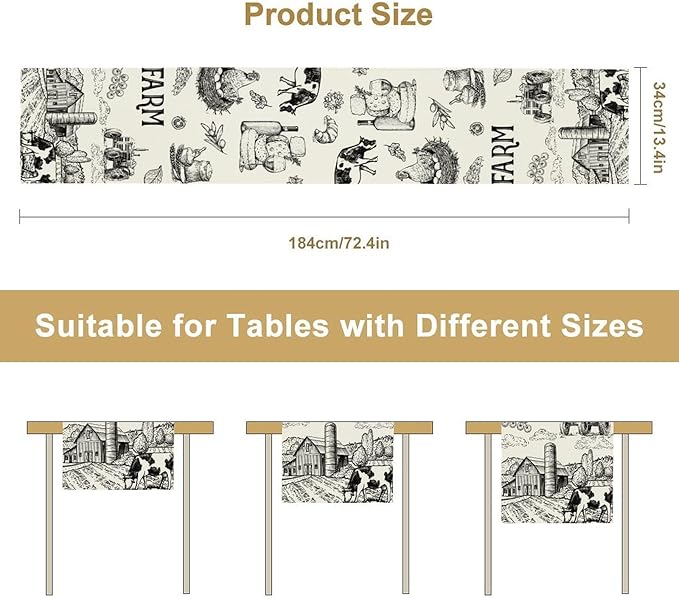 Milk Farm Table Runner, Rustic Farmhouse Animals Fresh Eggs Bread Vegetables Print Table Runner for Farmhouse Kitchen Decor Party Picnic Holiday Dinner, 13x90inch