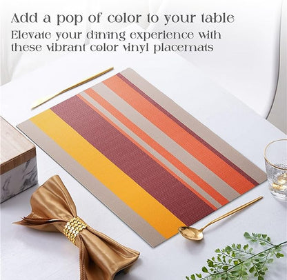 Set of 6 Colorful Striped Vinyl Placemats Heat-Resistant Washable Placemats Non-Slip Woven Table Mats Wipeable Placemat for Kitchen Dining Table Decoration Indoor Outdoor (Sunset Gold)