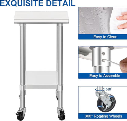 HARDURA Stainless Steel Commercial Table Prep & Work Table with Casters Heavy Duty Metal Table with Wheels NSF 430 24×24 Inches