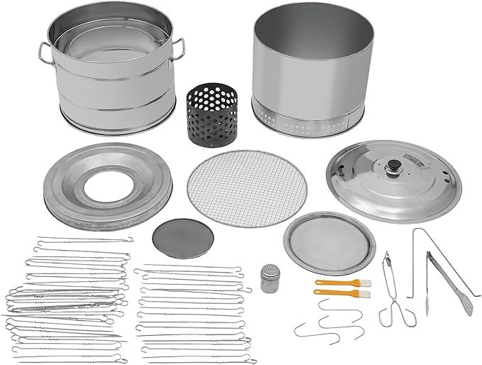 Portable Charcoal Grills, Stainless Steel BBQ Grill Barrel, 360° Smokeless Barbecue Grill Barrel with 50 Skewers, Oil-Carbon Separation, Vertical Hanging & Net Barbecue, Ash Catching Tray