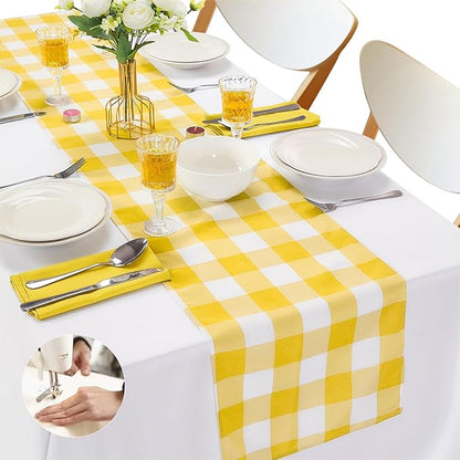 Fabric Checkered Table Runner 12 Pack Waterproof Gingham Table Runner 14W x 108L Buffalo Check Table Runners for Parties Kitchen Dining Wedding Banquet (Yellow and White)