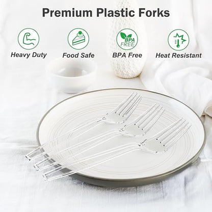 300 Count Extra Heavy Duty Clear Plastic Forks Disposable, BPA-Free, Heat Resistant, Solid and Durable Disposable Forks Bulk, Premium Plastic Forks heavy duty for Party Supply