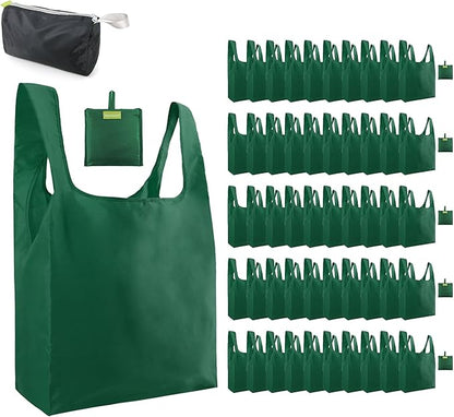 BeeGreen Christmas Green Reusable Grocery Bags Dark Green Reusable Kitchen Bags Bulk Foldable-Machine Washable with Zipper Storage Pouch 50 Packs
