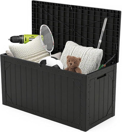 100 Gallon Resin Deck Box, Waterproof Outdoor Storage Box for Patio Furniture Cushions, Garden Tools, and Pool Accessories, Large Lockable UV-Resistant Storage Bin Bench Cabinet for Outside, Black