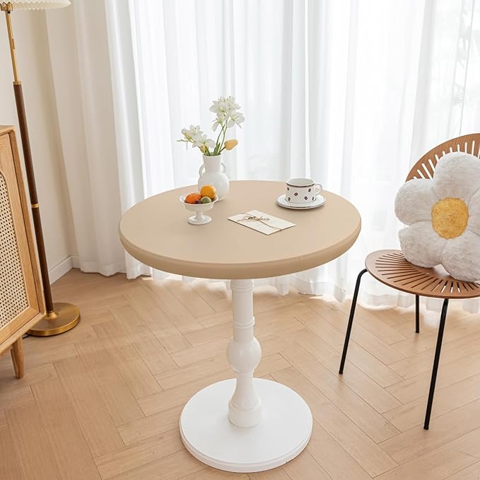 Round Fitted PU Tablecloth with High Elastic Edge 59 Inch Dia Waterproof Oil Proof Table Cloth Anti-Scald Stain-Resistant Wipeable Table Cover for Indoor Outdoor Picnic (Beige,59" Dia)