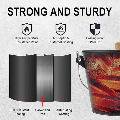 Ash Bucket with Lid Shovel and Hand Broom, 1.5 Gallon Fireplace Metal Bucket Reinforced Base & Ash Can, Fire Pit,Wood Burning Stove for Fireplace, Galvanized Iron Tool Set Accessories
