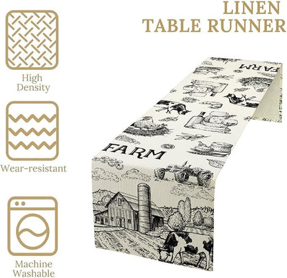 Milk Farm Table Runner, Rustic Farmhouse Animals Fresh Eggs Bread Vegetables Print Table Runner for Farmhouse Kitchen Decor Party Picnic Holiday Dinner, 13x90inch