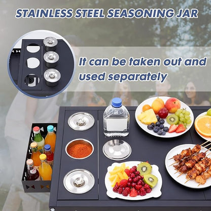Portable Outdoor Grill Table with Wheels, Heavy-Duty Griddle Stand Grill Cart with Shelves,Towel Holder, Spice Pots & Bottle Opener, Multi-Functional BBQ Prep Station & Utility Cart