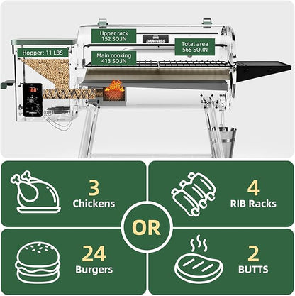 Wood Pellet Smoker BBQ Grill with Latest PID Technology LCD Controller 565 SQ.IN Cook Area 8 In 1 Pellet Grill with Auto Temperature Control and Meat Probe for Home Party Outdoor