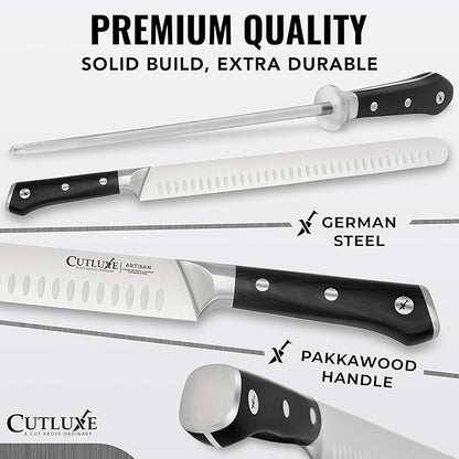 Cutluxe Butcher Knife Set – BBQ Brisket, Breaking and Boning Knives, Honing Rod – Carving Knife Set for Meat Cutting, Ultra Sharp German Steel, Full Tang, Ergonomic Handles – Artisan Series