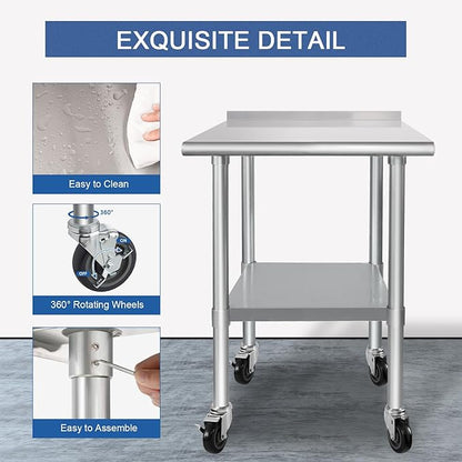 HARDURA Stainless Steel Table 24 x 30 Inches with Wheels Casters NSF Heavy Duty Commercial Prep Table with 2” Backsplash and Adjustable Undershelf for Restaurant Kitchen Home and Hotel