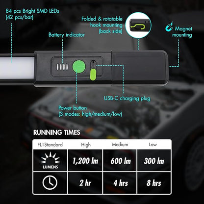 Wagan EL4346 Detachable LED 1200 LM Rechargeable Work Light Portable Mechanic Light Bar with Magnetic and Hooks Cordless Underhood Bright Work Lamp for Car Repairing Garage Workshop