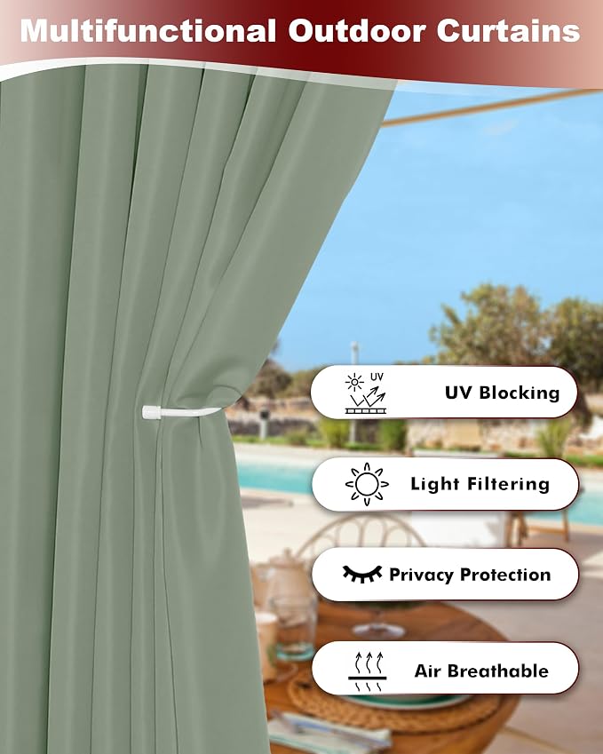 Grommet Outdoor Curtains for Patio Waterproof 8 Pcs 54x84 In Sage Green | - Image 3