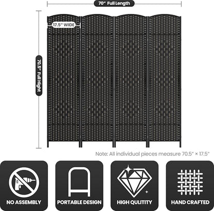 4 Panel Room Divider,6Ft Folding Privacy Screen,Tall - Extra Wide Foldable Panel Partition Wall Divider with Diamond Double-Weaved Hand-Woven Design Room Screen Divider