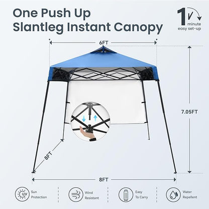 PHI VILLA 8x8ft Pop Up Canopy Tent Instant Portable Shelter One Push Tent Canopy with Wheeled Carry Bag, 4 Weight Bags, Slanted Legs-Blue